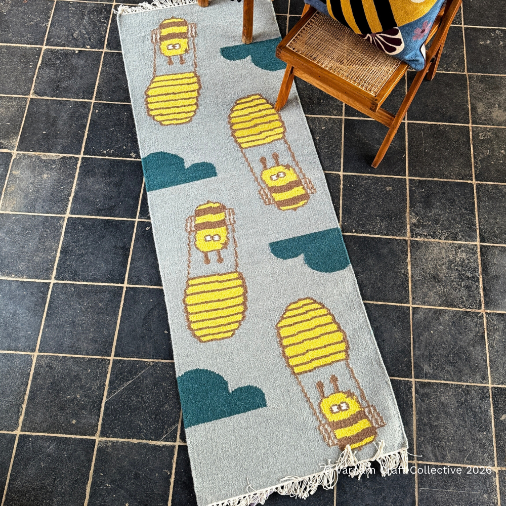 BUMBLEDORE HONEYCOMB LIGHT BLUE 2X6 FEET PUNJA DHURRIE