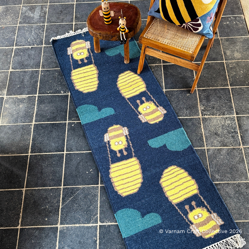 BUMBLEDORE HONEYCOMB DARK BLUE 2X6 FEET PUNJA DHURRIE