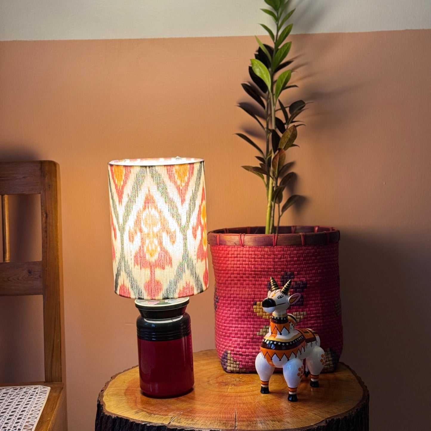 BARNI BASE RED GREEN ~ 6X8" RED GREY UZBEK IKAT SHADE