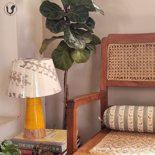 MUSHROOM LAMP (Brown Ikkat shade - Yellow Slant base)