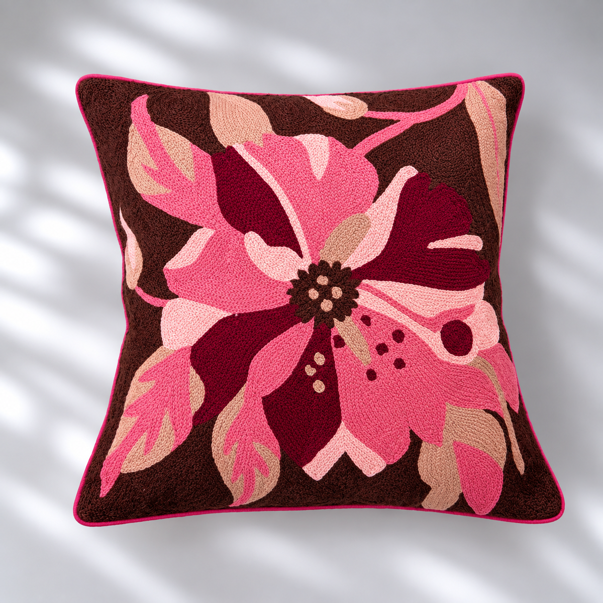 CREWEL FLORALS 16 x16 INCHES pink wine florals