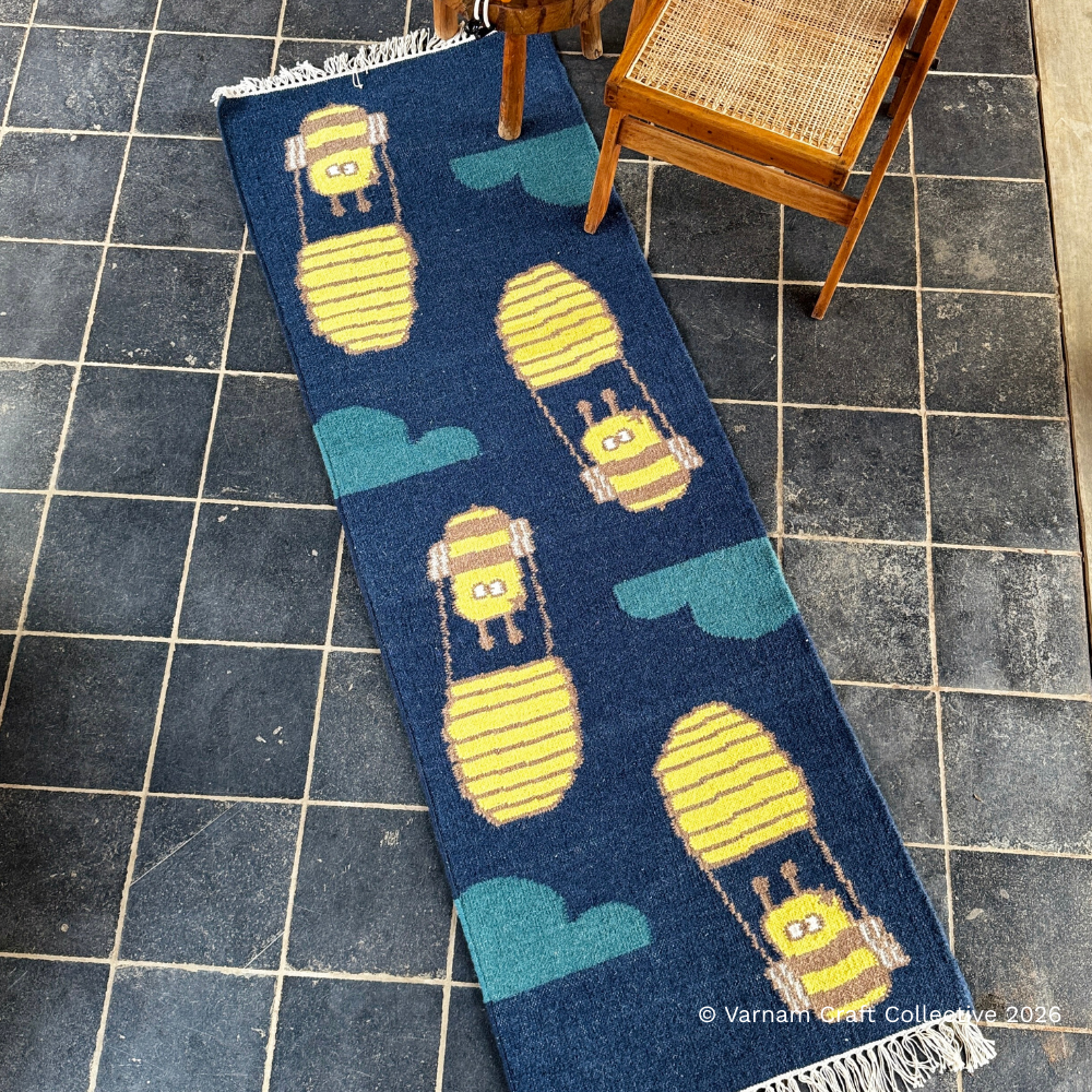 BUMBLEDORE HONEYCOMB DARK BLUE 2X6 FEET PUNJA DHURRIE