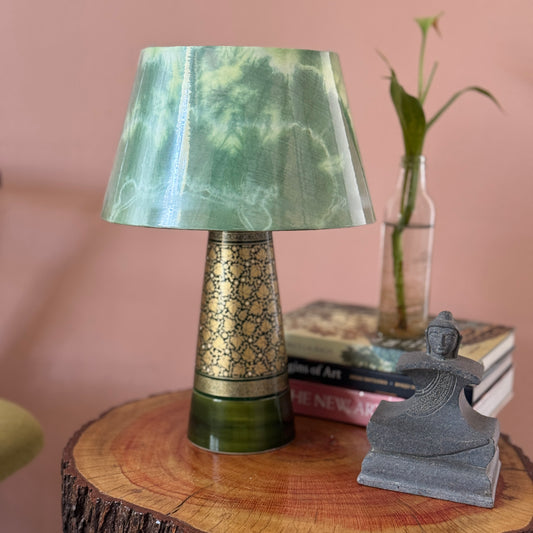 SLANT NAQQASHI GREEN CHINAR ~ 10" GREEN MUSHROOM SHIBORI SHADE