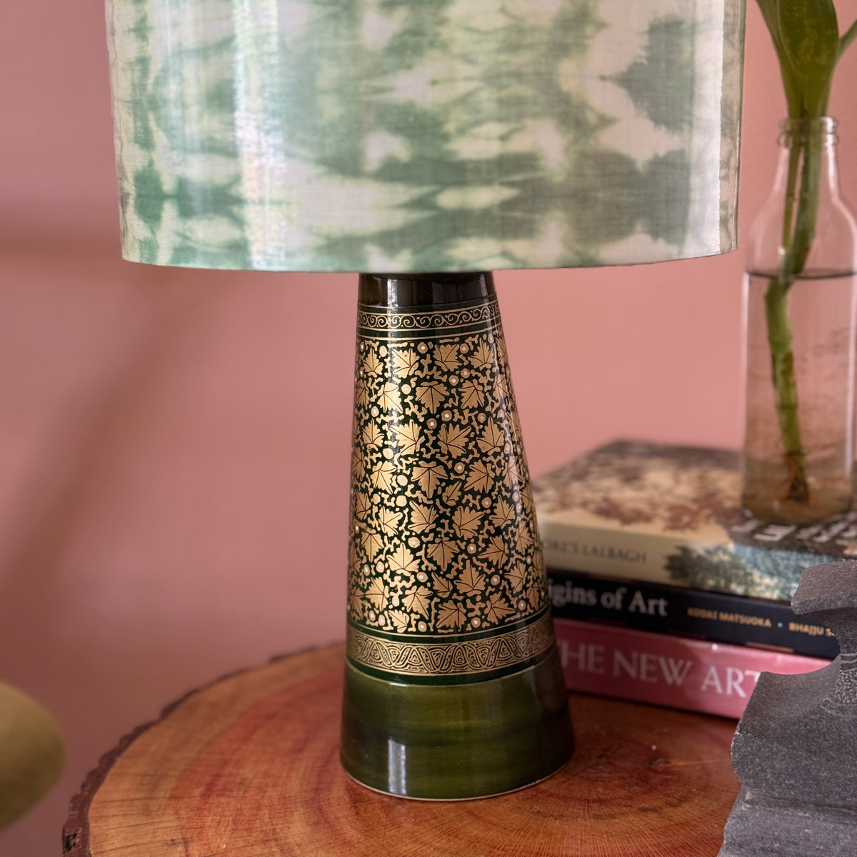 SLANT NAQQASHI GREEN CHINAR ~ 10" GREEN SHIBORI SHADE