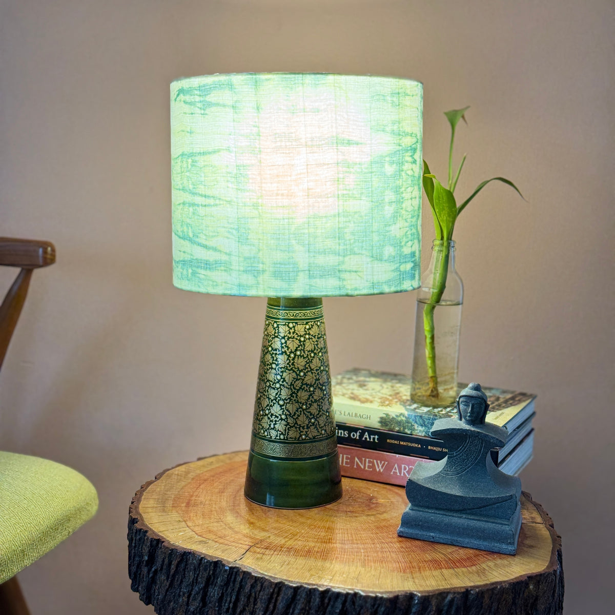 SLANT NAQQASHI GREEN CHINAR ~ 10" GREEN SHIBORI SHADE