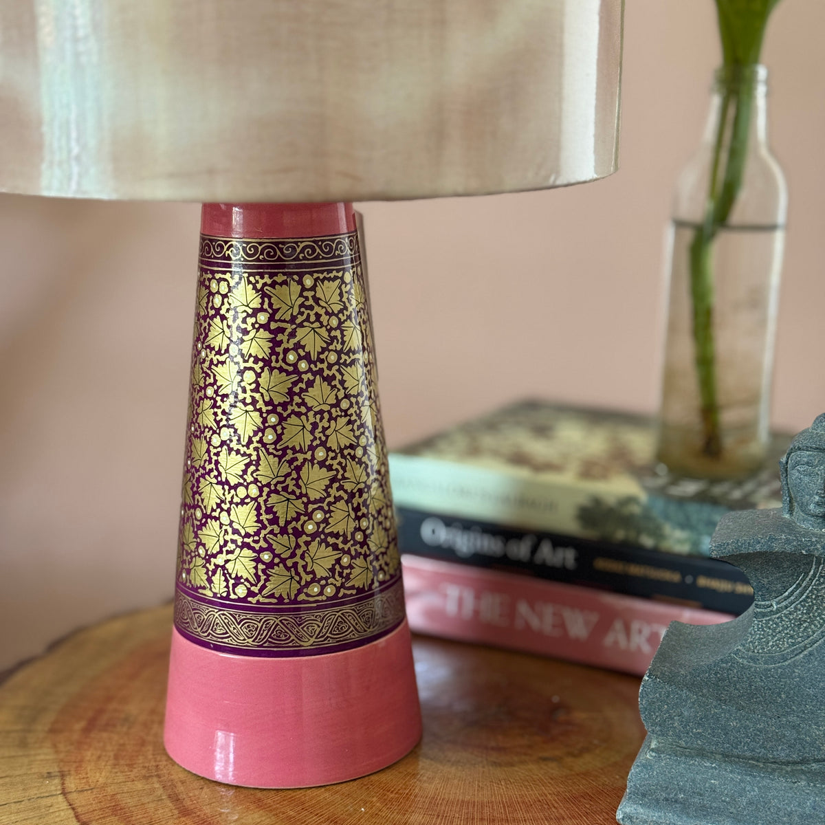 SLANT NAQQASHI PINK WINE CHINAR ~ 10" BEIGE SHIBORI SHADE