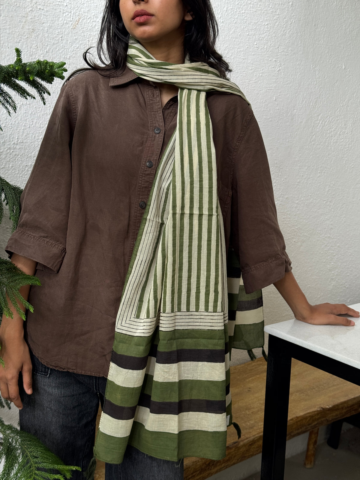 BAGRU COTTON STOLE Green Lines