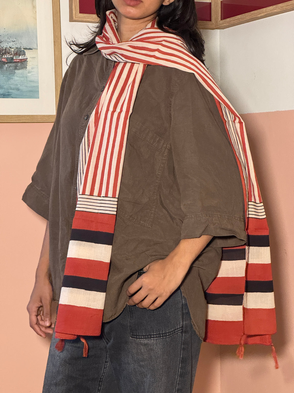 BAGRU COTTON STOLE Red lines