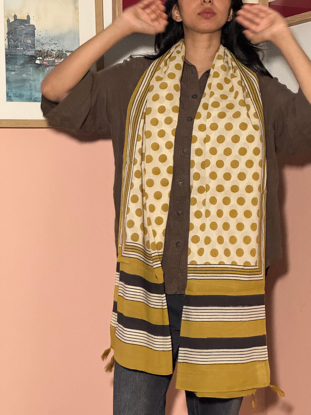 BAGRU COTTON STOLE Yellow Polkas