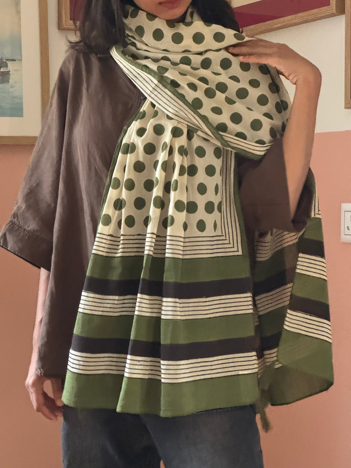 BAGRU COTTON STOLE Green polkas