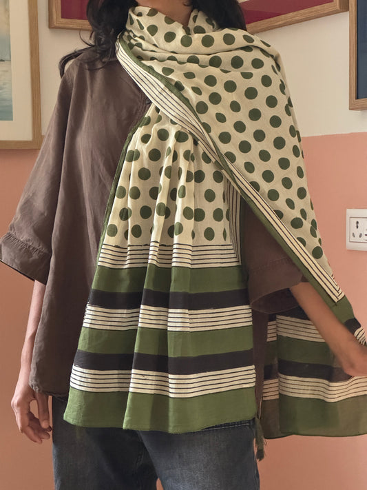 BAGRU COTTON STOLE Green polkas