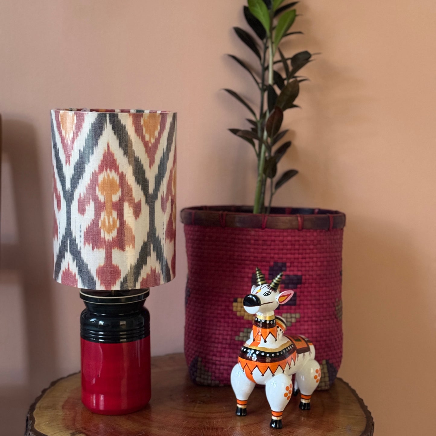 BARNI BASE RED GREEN ~ 6X8" RED GREY UZBEK IKAT SHADE