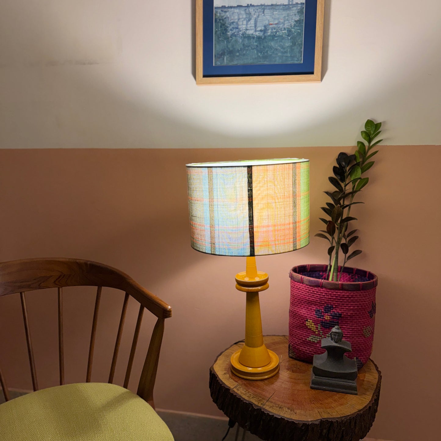 VILLAKKU BASE YELLOW ~ 12" BLUE GREEN CHETTINAD SHADE