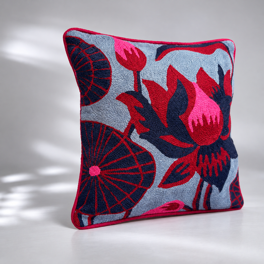 CREWEL FLORALS 12x12 INCHES pink blue lotus