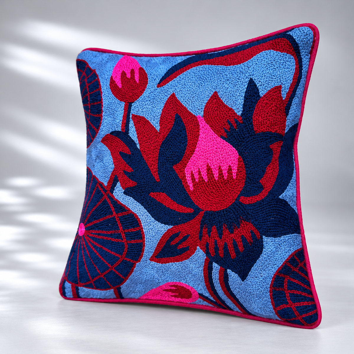 CREWEL FLORALS 12x12 INCHES pink blue lotus