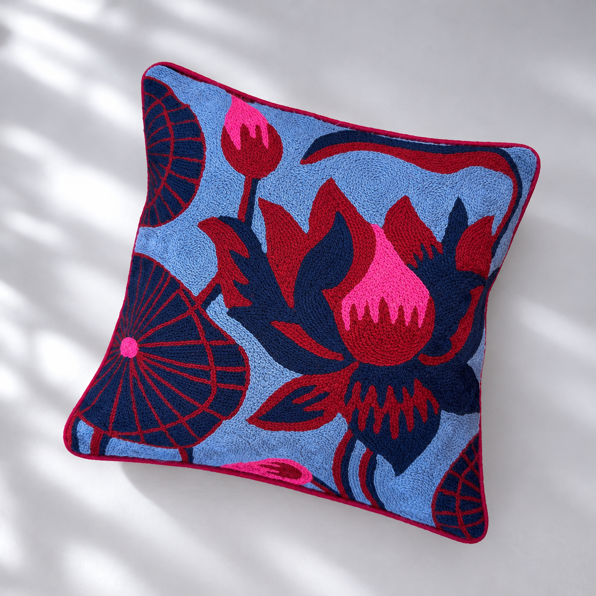 CREWEL FLORALS 12x12 INCHES pink blue lotus