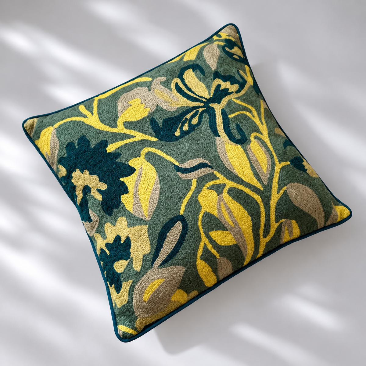 CREWEL FLORALS 16 x16 INCHES yellow green florals